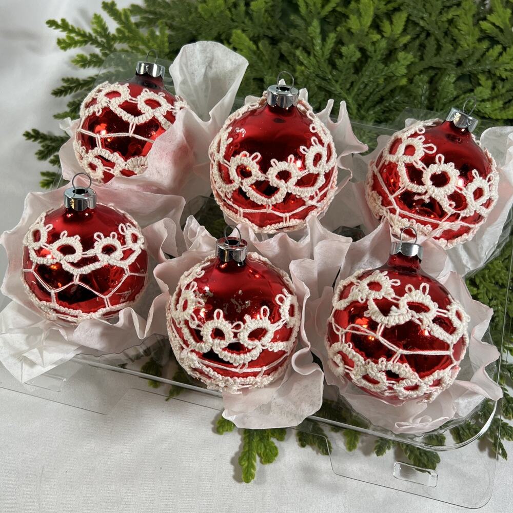 Vintage Set/6 Lace Crochet Covered Red Glass Ball Christmas Ornaments Handmade
